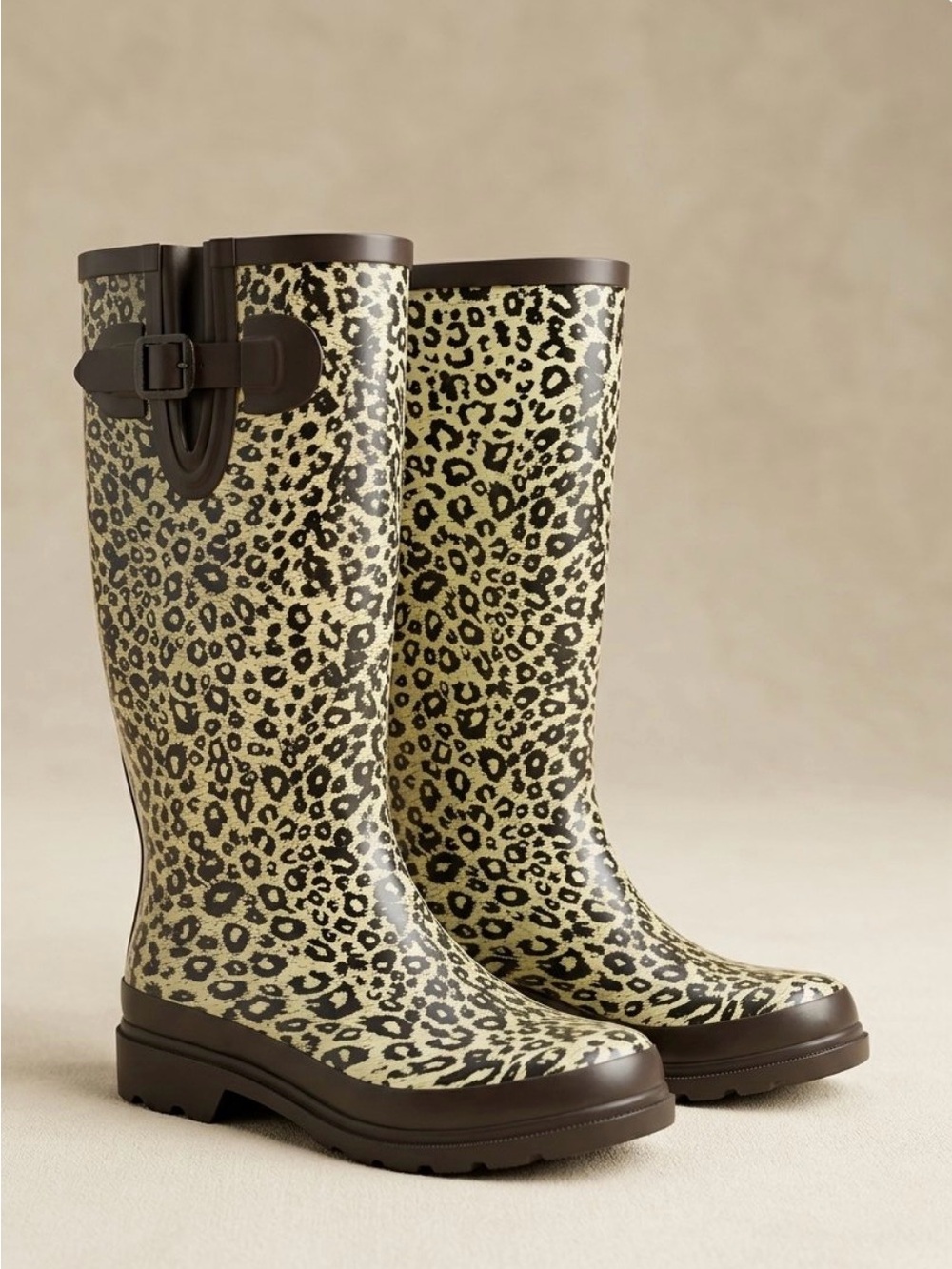 Leopard Print Over-the-Knee Rain Boots in Cream & Brown